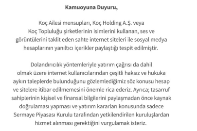 Koç Holding’ten Dolandırıcık Uyarısı